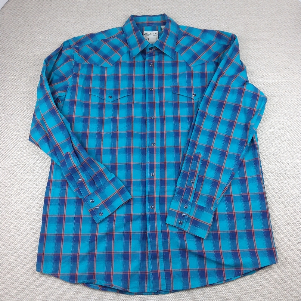 Roper Western‎ Shirt, Long Sleeve, Turquoise with Blue/Red Stripes, Snaps, Sz L